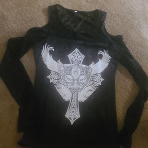 Women's black angel heart long-sleeved 100% cotton shirt with shoulder cut outs.